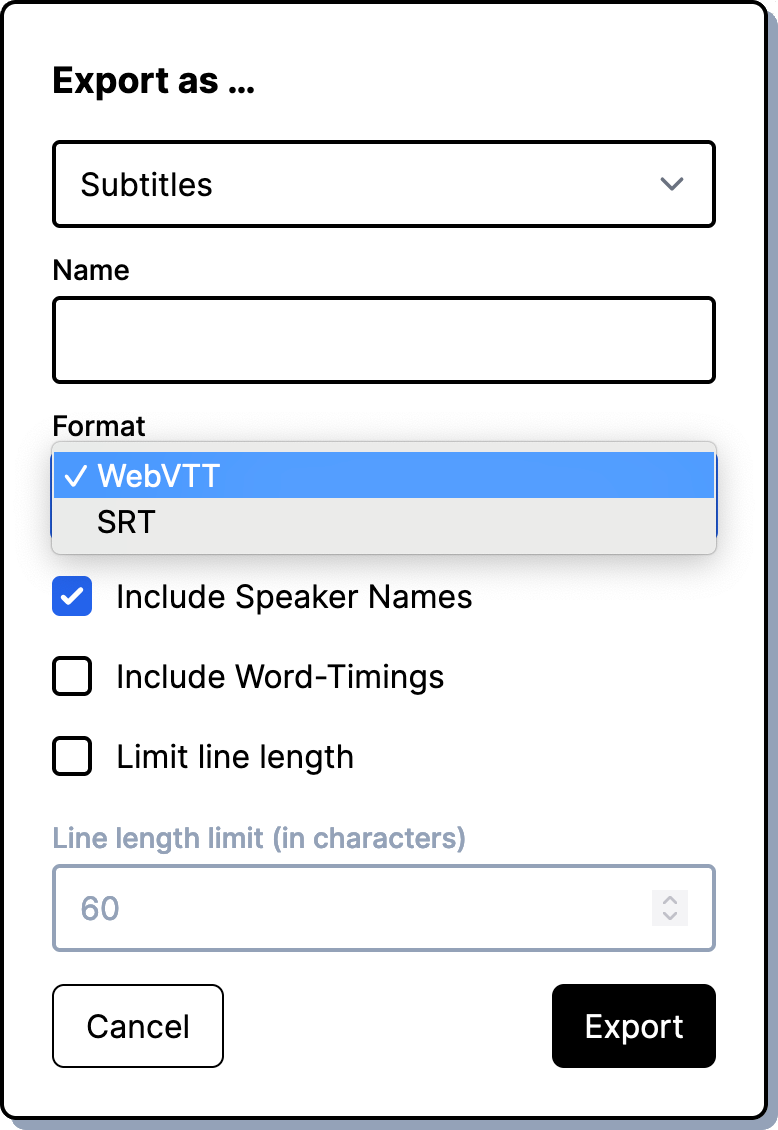 A screenshot showing a modal with the export options