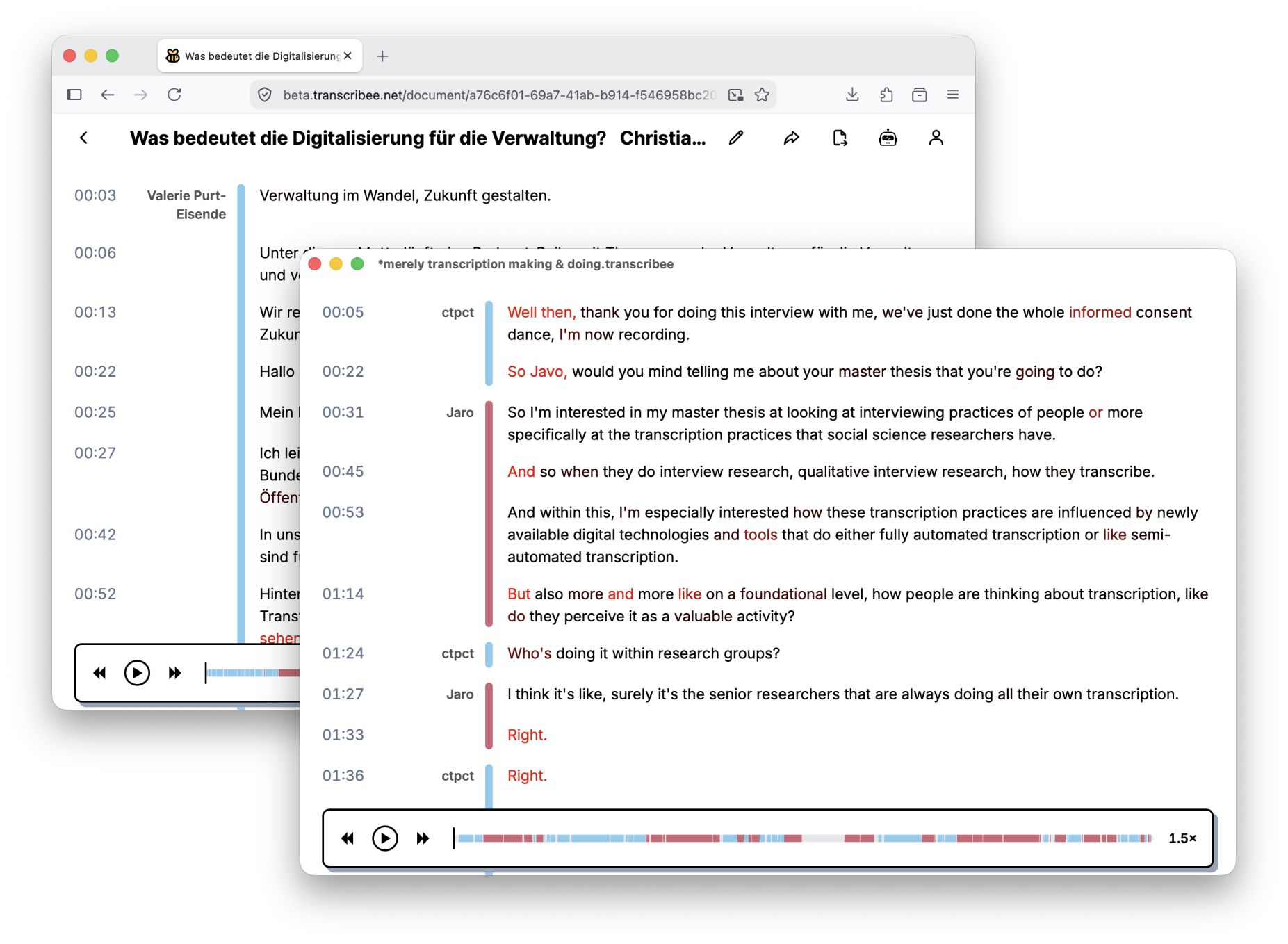 A screenshot of a browser with transcribee web next to a window of transcribee desktop